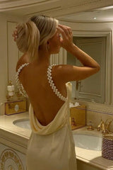Suzhoufashion Gorgeous Sheath Spaghetti Straps Yellow Long Party Dress With Pearl Backless Formal Evening Gown