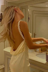 Suzhoufashion Gorgeous Sheath Spaghetti Straps Yellow Long Party Dress With Pearl Backless Formal Evening Gown
