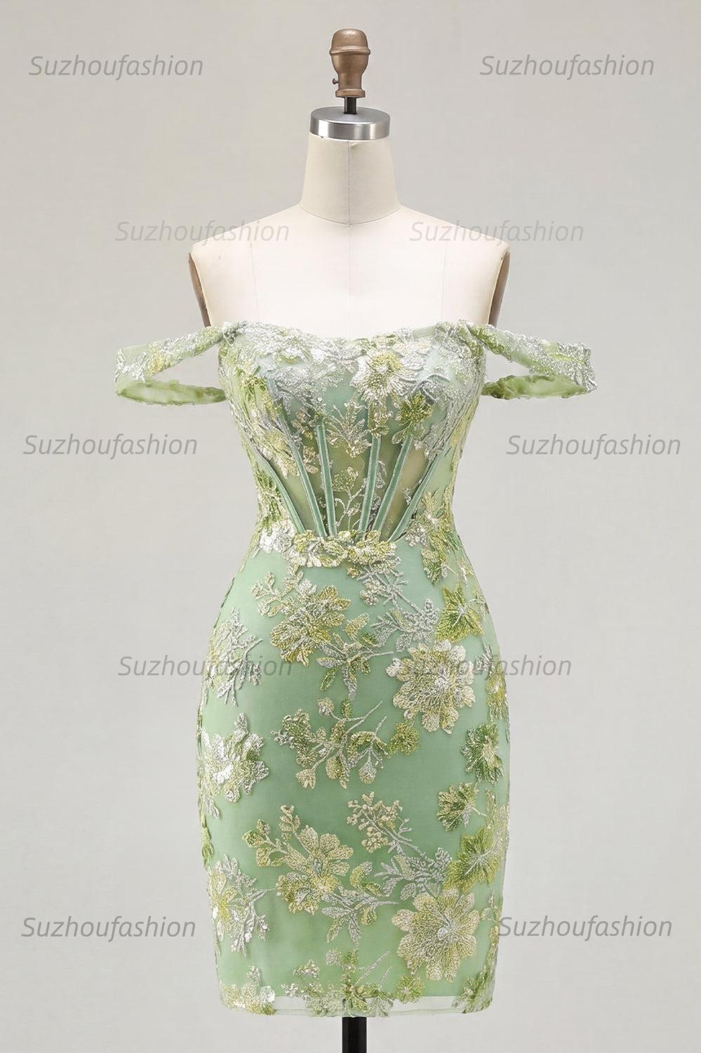 Suzhoufashion Green Floral Off-the-Shoulder Corset Tight Short Homecoming Dress