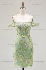 Suzhoufashion Green Floral Off-the-Shoulder Corset Tight Short Homecoming Dress