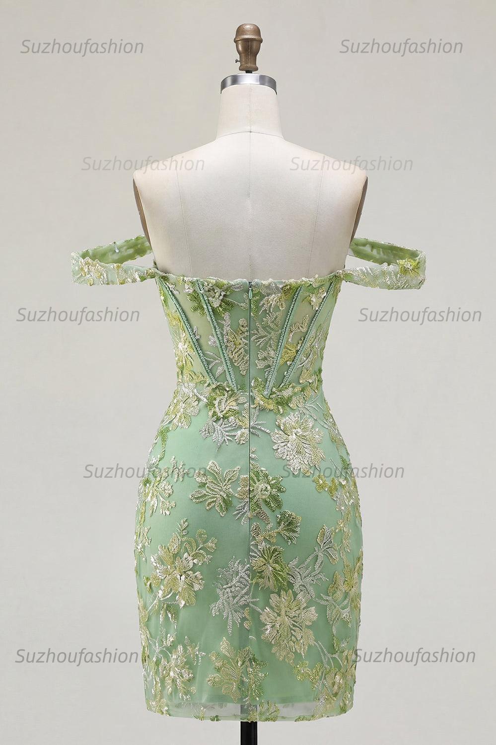 Suzhoufashion Green Floral Off-the-Shoulder Corset Tight Short Homecoming Dress