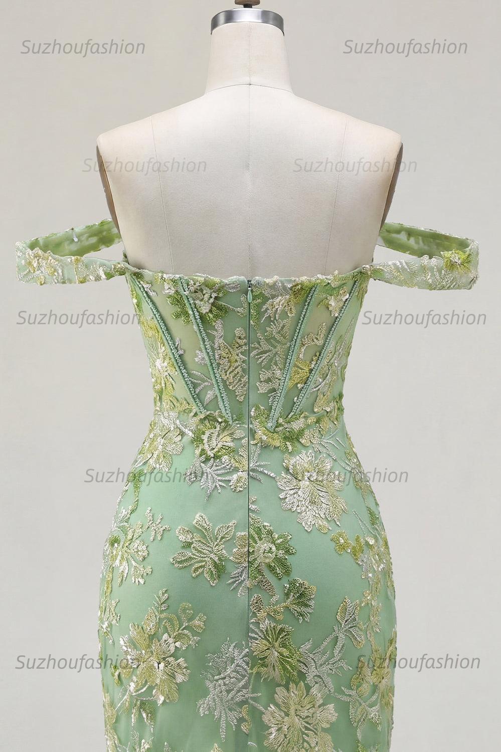 Suzhoufashion Green Floral Off-the-Shoulder Corset Tight Short Homecoming Dress