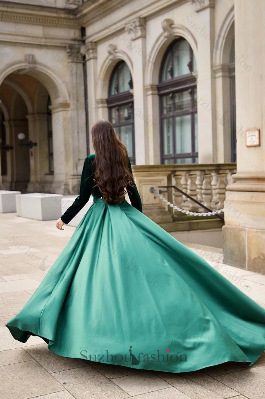 Suzhoufashion Green Long Sleeve Formal Dress Velvet Satin A Line V Neck Christmas Party Dress