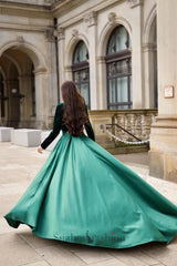 Suzhoufashion Green Long Sleeve Formal Dress Velvet Satin A Line V Neck Christmas Party Dress