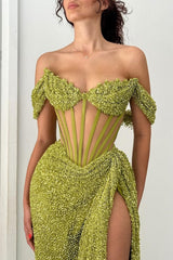 Suzhoufashion Green Off Shoulder Corset Sequin Prom Dress With High Slit Formal Evening Gown