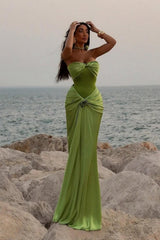 Suzhoufashion Green Ruched Bodice Mermaid Draped Maxi Prom Dress With Rosette Detail Formal Evening Gown