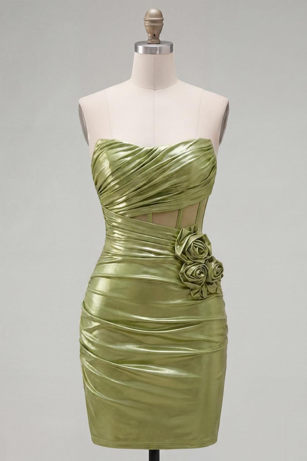 Suzhoufashion Green Strapless Ruched Corset Tight Short Homecoming Dress with 3D Flowers