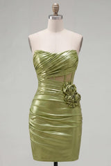 Suzhoufashion Green Strapless Ruched Corset Tight Short Homecoming Dress with 3D Flowers
