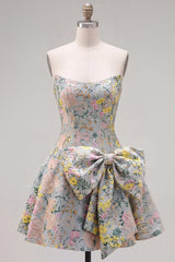 Suzhoufashion Grey A-Line Jacquard Short Corset Homecoming Dress with Bow