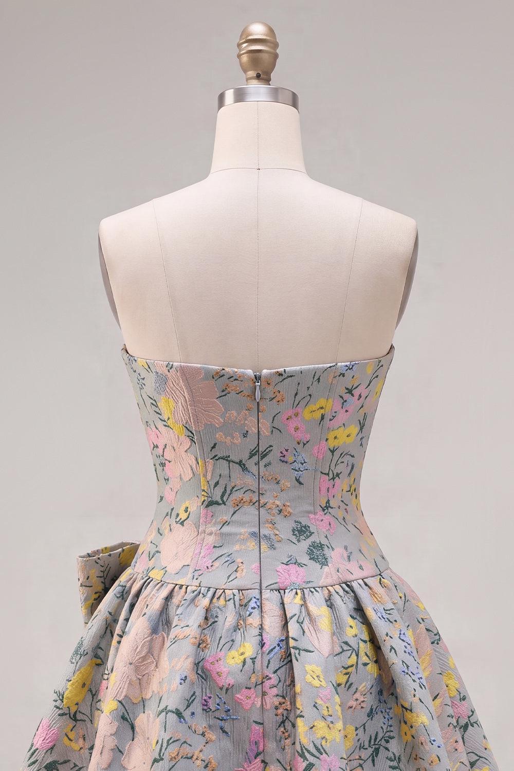 Suzhoufashion Grey A-Line Jacquard Short Corset Homecoming Dress with Bow
