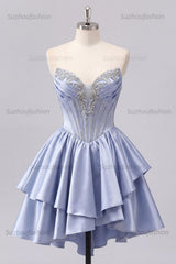 Suzhoufashion Grey-Blue Beaded A-Line Corset Short Homecoming Dress with Ruffles