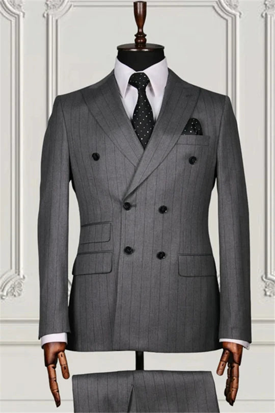 Suzhoufashion Grey Double Breasted Striped Bespoke Men Suits For Business