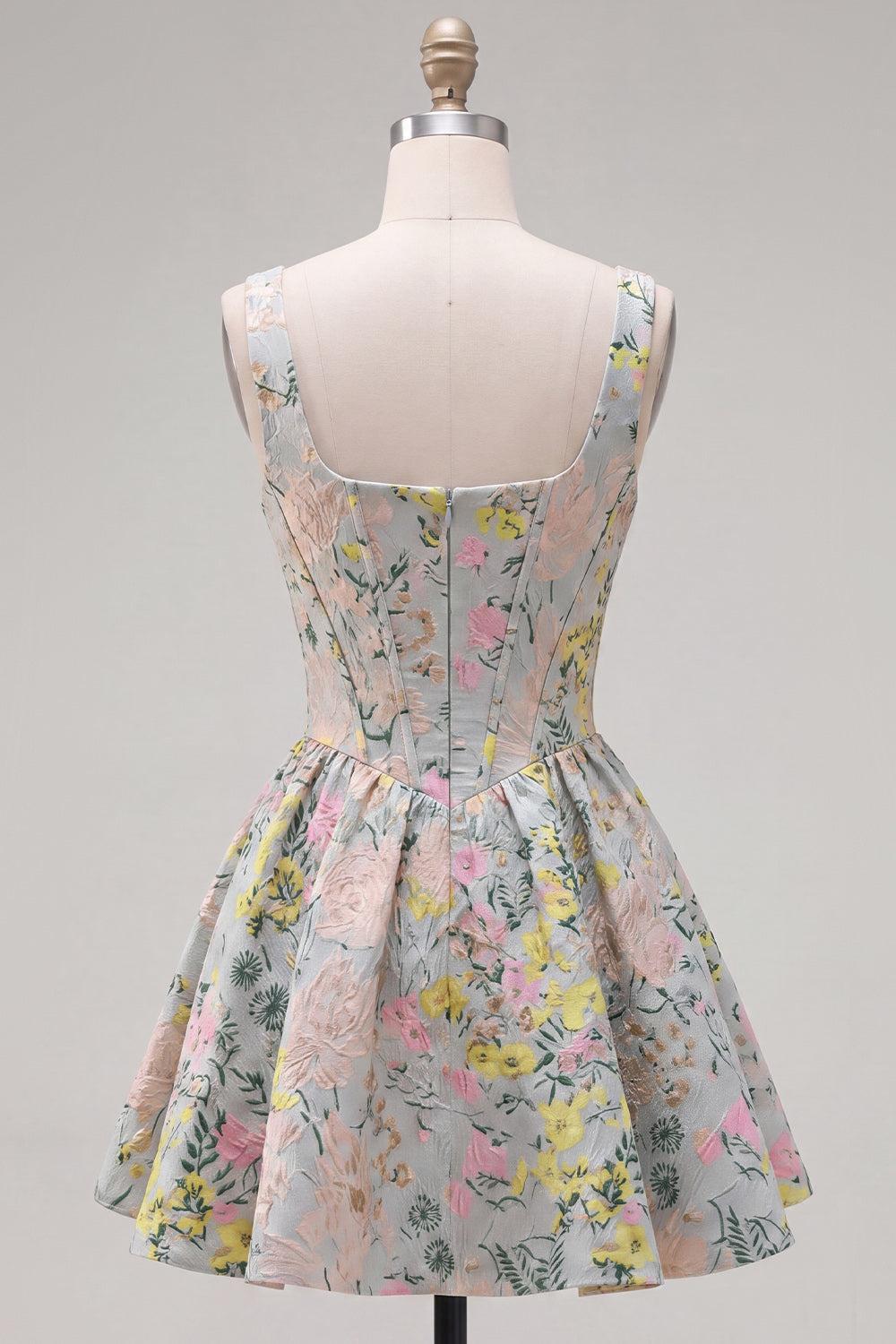 Suzhoufashion Grey Square Neck Jacquard A-Line Short Corset Homecoming Dress