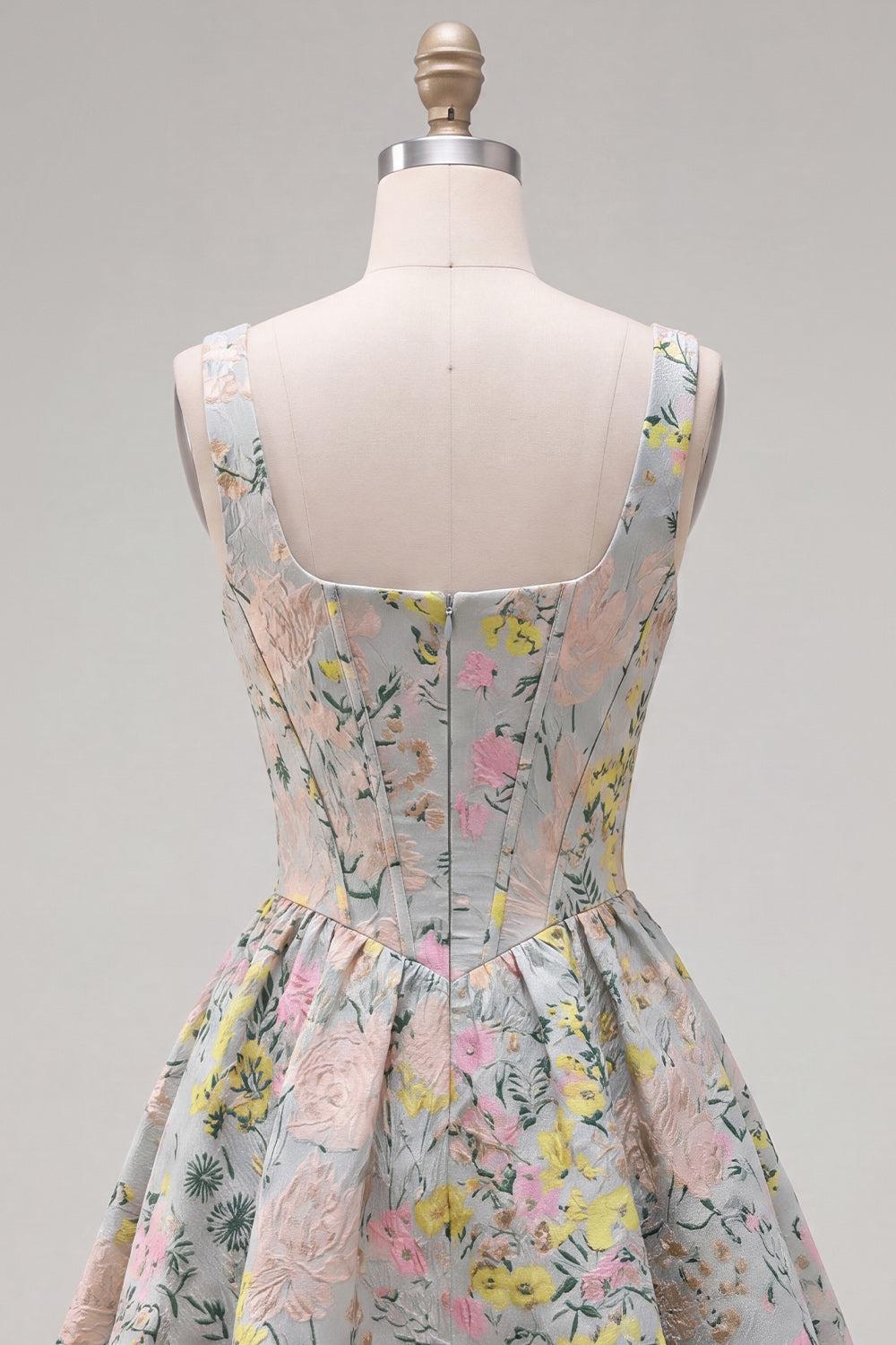 Suzhoufashion Grey Square Neck Jacquard A-Line Short Corset Homecoming Dress