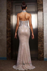 Suzhoufashion Halter Formal Dress Silver Beaded Sheath/Column Evening Gown
