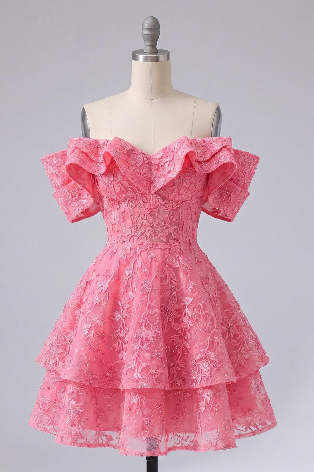 Suzhoufashion Hot Pink Lace Beaded Ruffled Off The Shoulder A Line Short Homecoming Dress