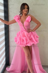 Suzhoufashion Hot Pink One Shoulder A-Line High-Low Organza Homecoming Dress with Ruffles