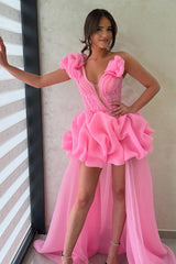 Suzhoufashion Hot Pink One Shoulder A-Line High-Low Organza Homecoming Dress with Ruffles