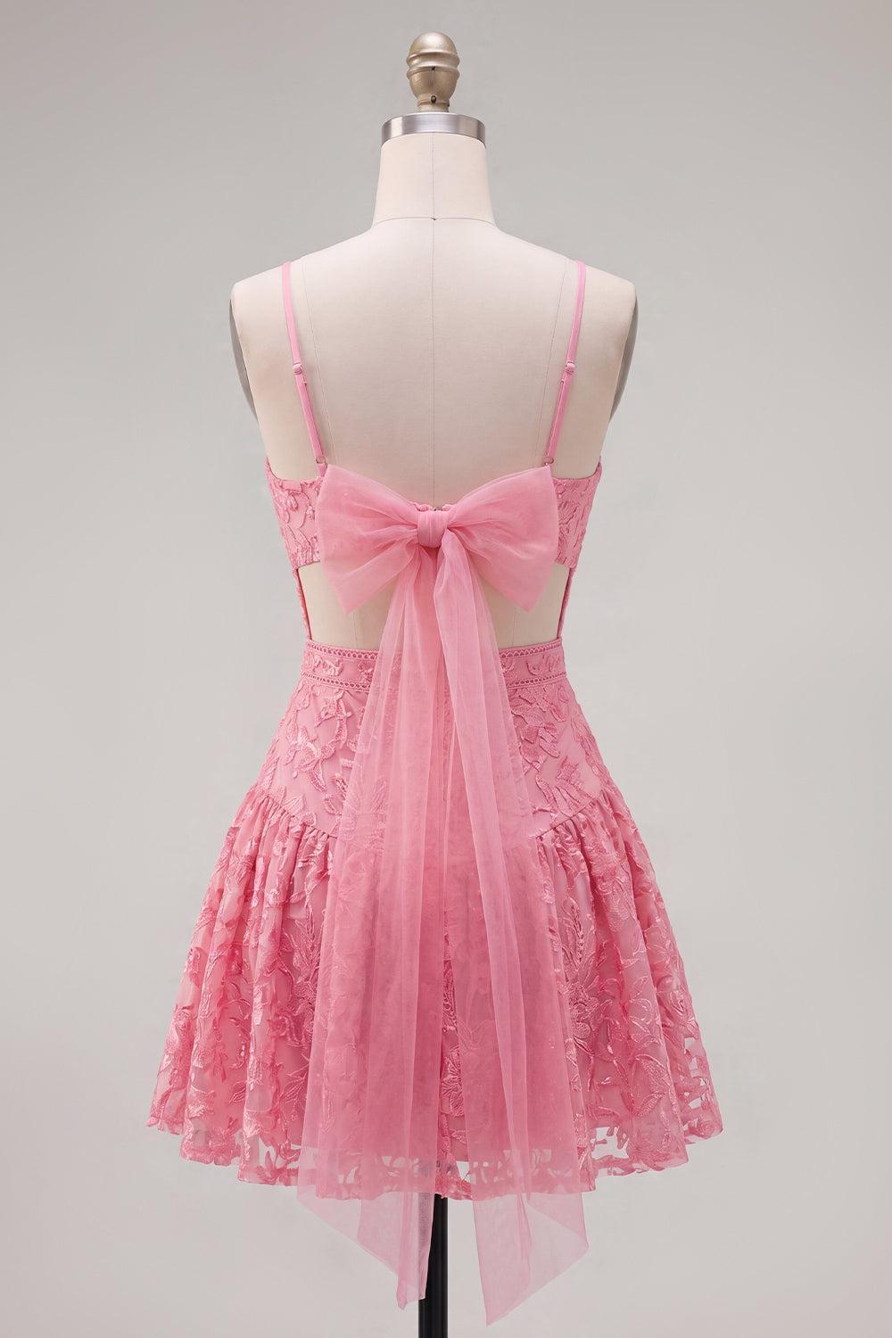 Suzhoufashion Hot Pink Short Lace Sequin Spaghetti Straps A Line Homecoming Dress with Bow