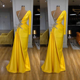 Suzhoufashion Illusion neck Bright Yellow One shoulder Bubble Sleeves Evening Prom Dresses