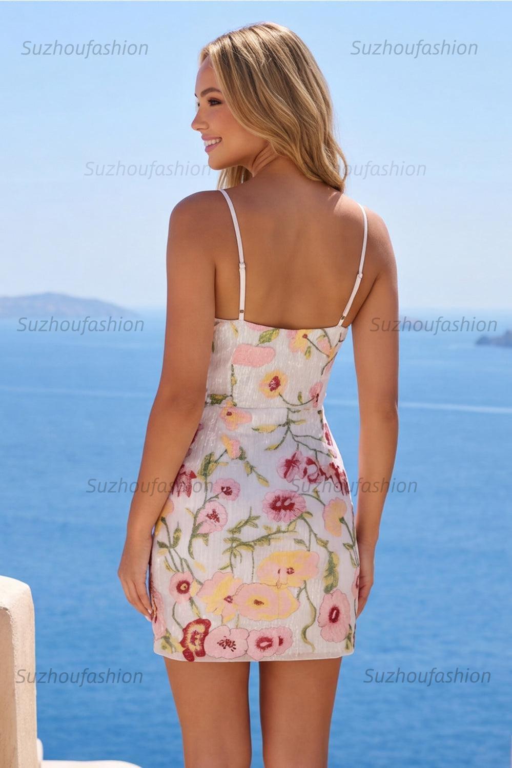 Suzhoufashion Ivory Floral Spaghetti Straps Beaded Tight Short Homecoming Dress