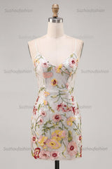Suzhoufashion Ivory Floral Spaghetti Straps Beaded Tight Short Homecoming Dress