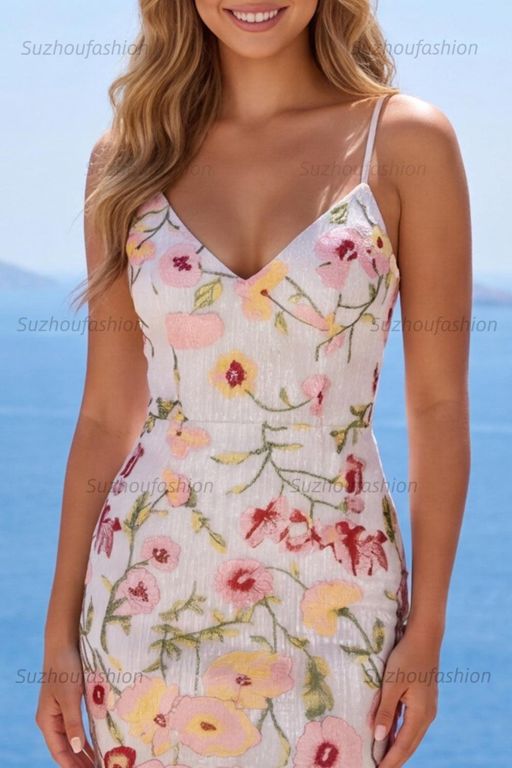 Suzhoufashion Ivory Floral Spaghetti Straps Beaded Tight Short Homecoming Dress