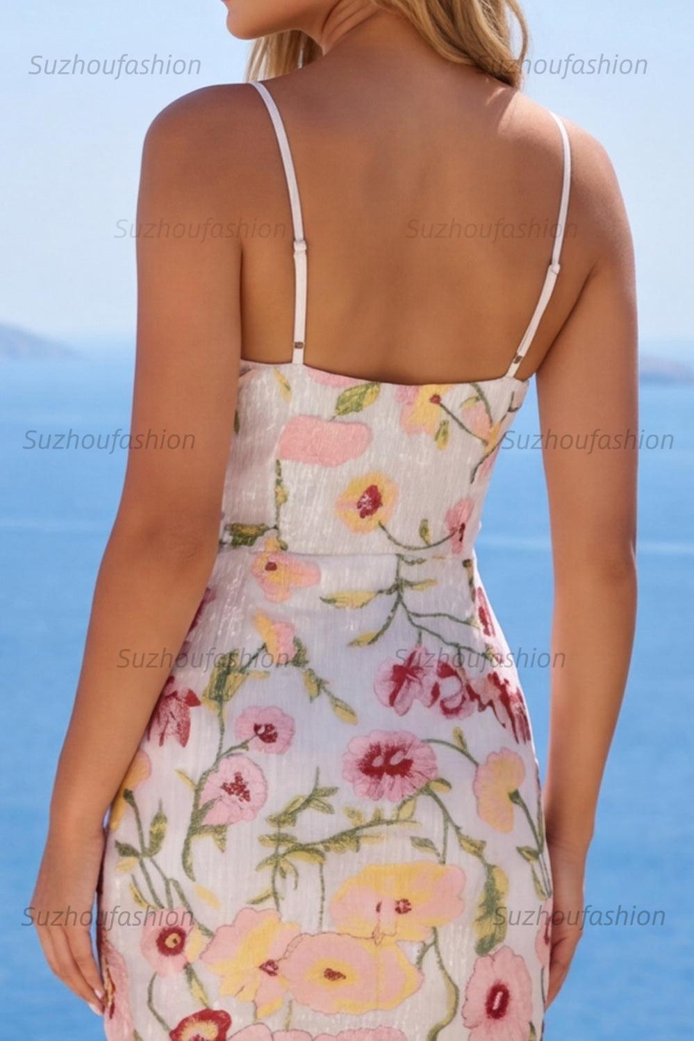 Suzhoufashion Ivory Floral Spaghetti Straps Beaded Tight Short Homecoming Dress