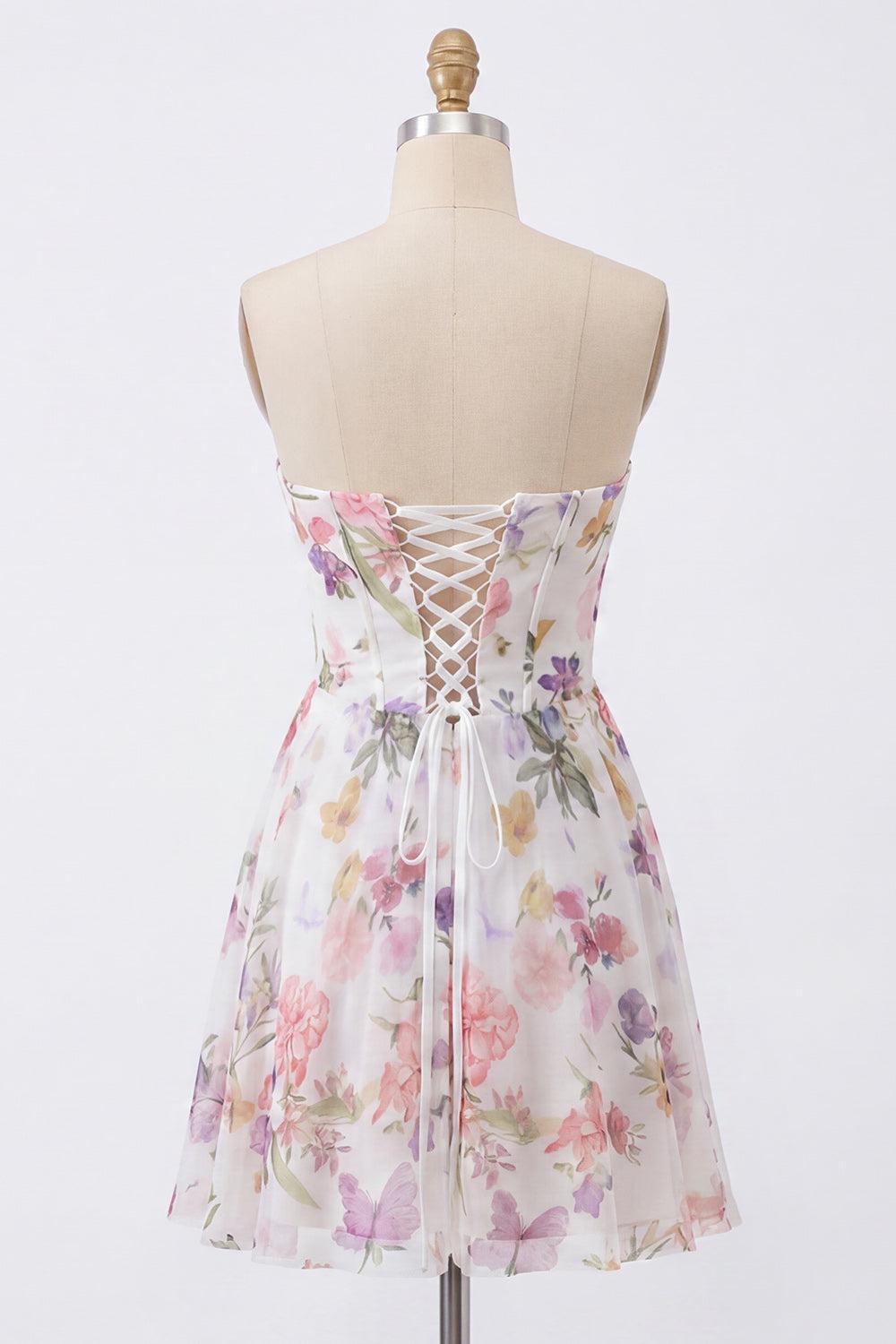 Suzhoufashion Ivory Floral Strapless Corset A-Line Short Homecoming Dress