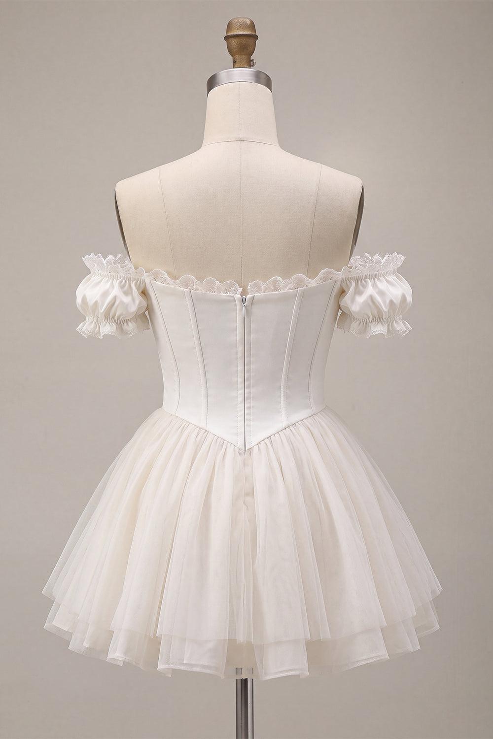 Suzhoufashion Ivory Ruffled A Line Corset Short Homecoming Dress with 3D Flower