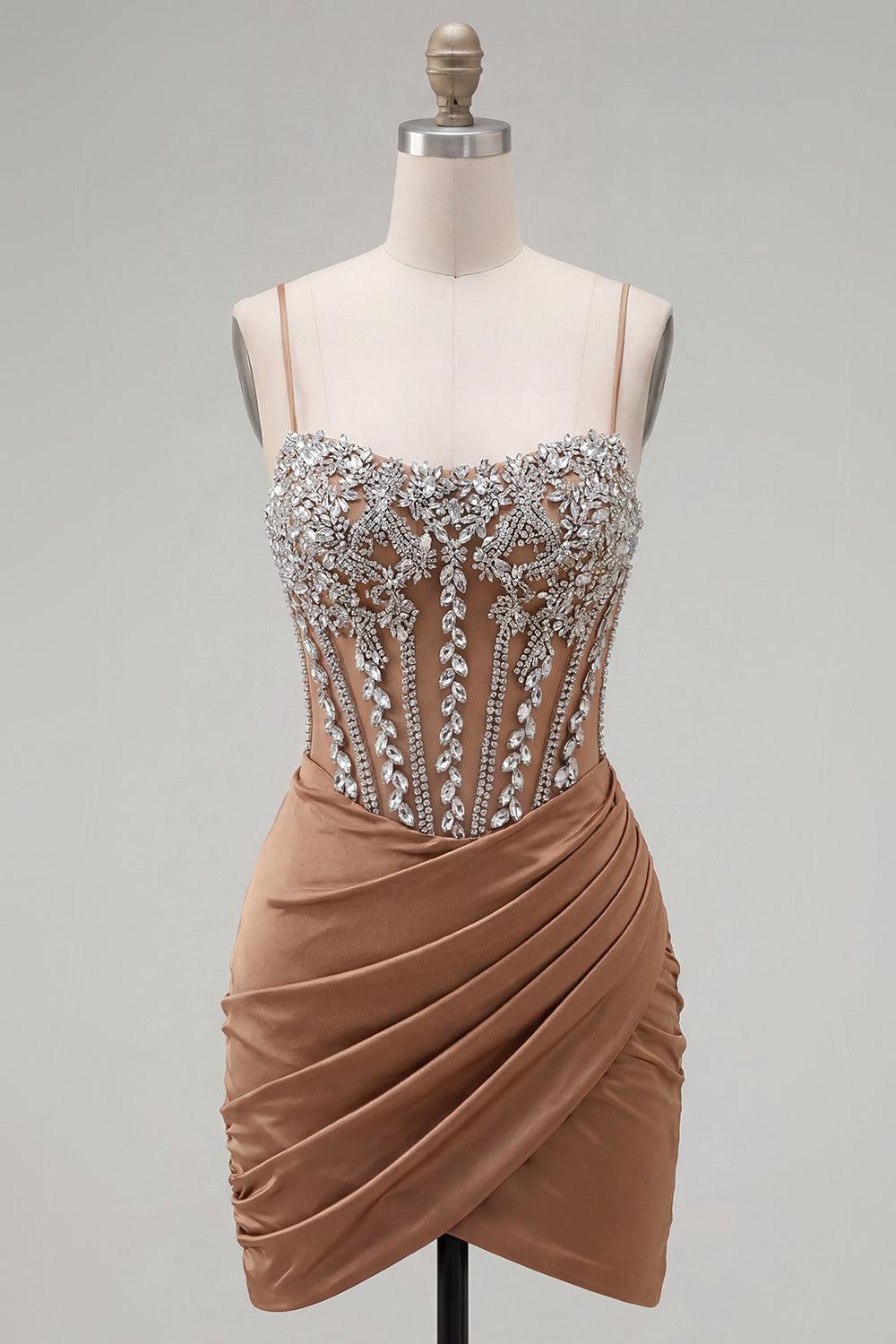 Suzhoufashion Khaki Tight Ruched Short Corset Homecoming Dress with Rhinestones