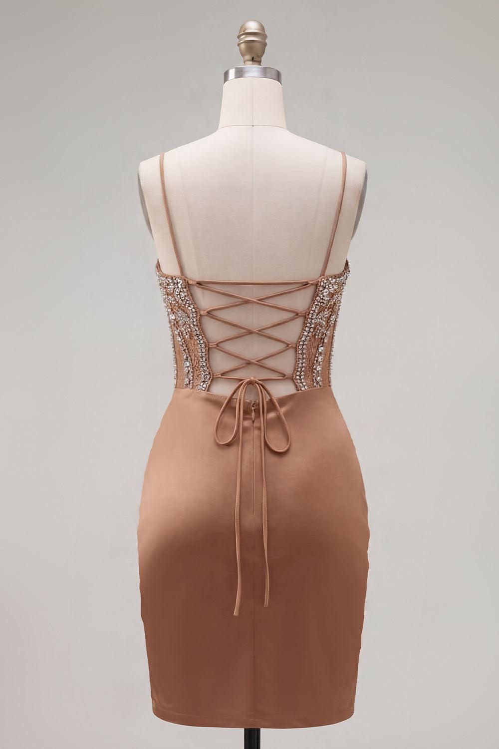Suzhoufashion Khaki Tight Ruched Short Corset Homecoming Dress with Rhinestones