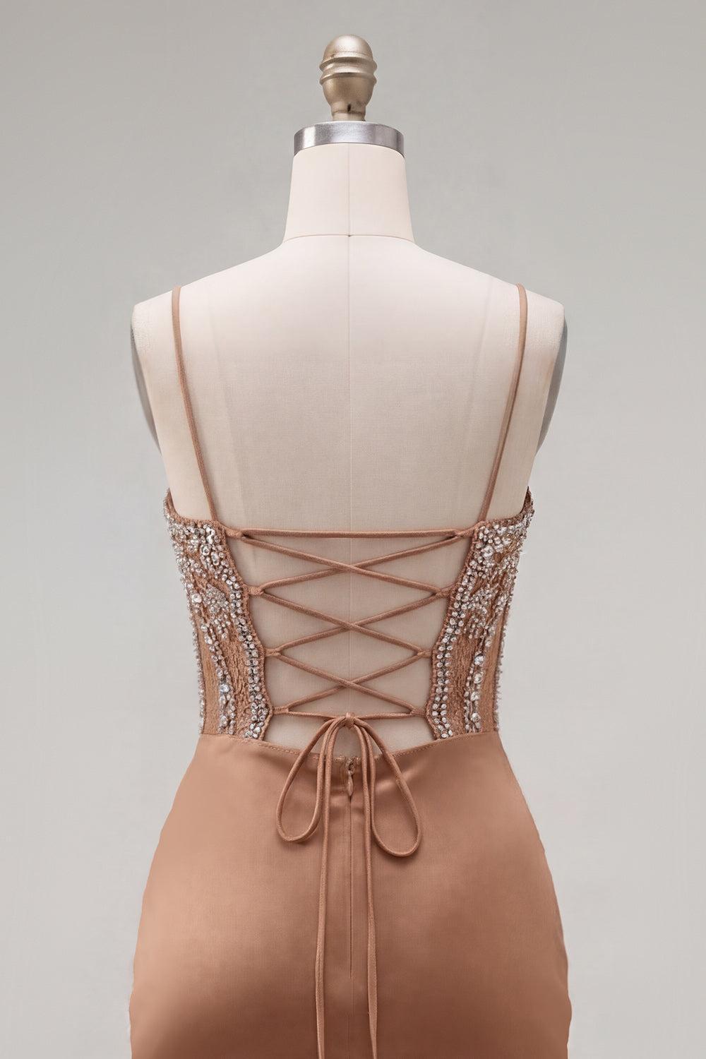 Suzhoufashion Khaki Tight Ruched Short Corset Homecoming Dress with Rhinestones