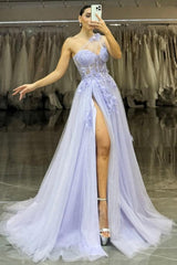 Suzhoufashion Lavender One-Shoulder Floral Appliques Tulle Prom Gown With High Slit Formal Evening Gown