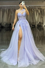 Suzhoufashion Lavender One-Shoulder Floral Appliques Tulle Prom Gown With High Slit Formal Evening Gown