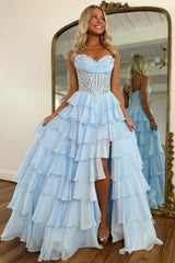 Suzhoufashion Layered Ruffle A-Line Prom Dress With Embellished Lace Bodice And Leg Slit Formal Evening Gown