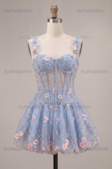 Suzhoufashion Light Blue Corset Beaded A Line Bubble Short Homecoming Dress with 3D Flowers
