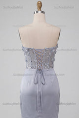 Suzhoufashion Light Grey Ruched Floral Tight Corset Short Homecoming Dress
