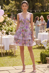 Suzhoufashion Lilac Floral V-Neck A-Line Corset Short Homecoming Dress with Ruffles