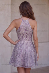 Suzhoufashion Lilac Halter Beaded A-Line Short Homecoming Dress