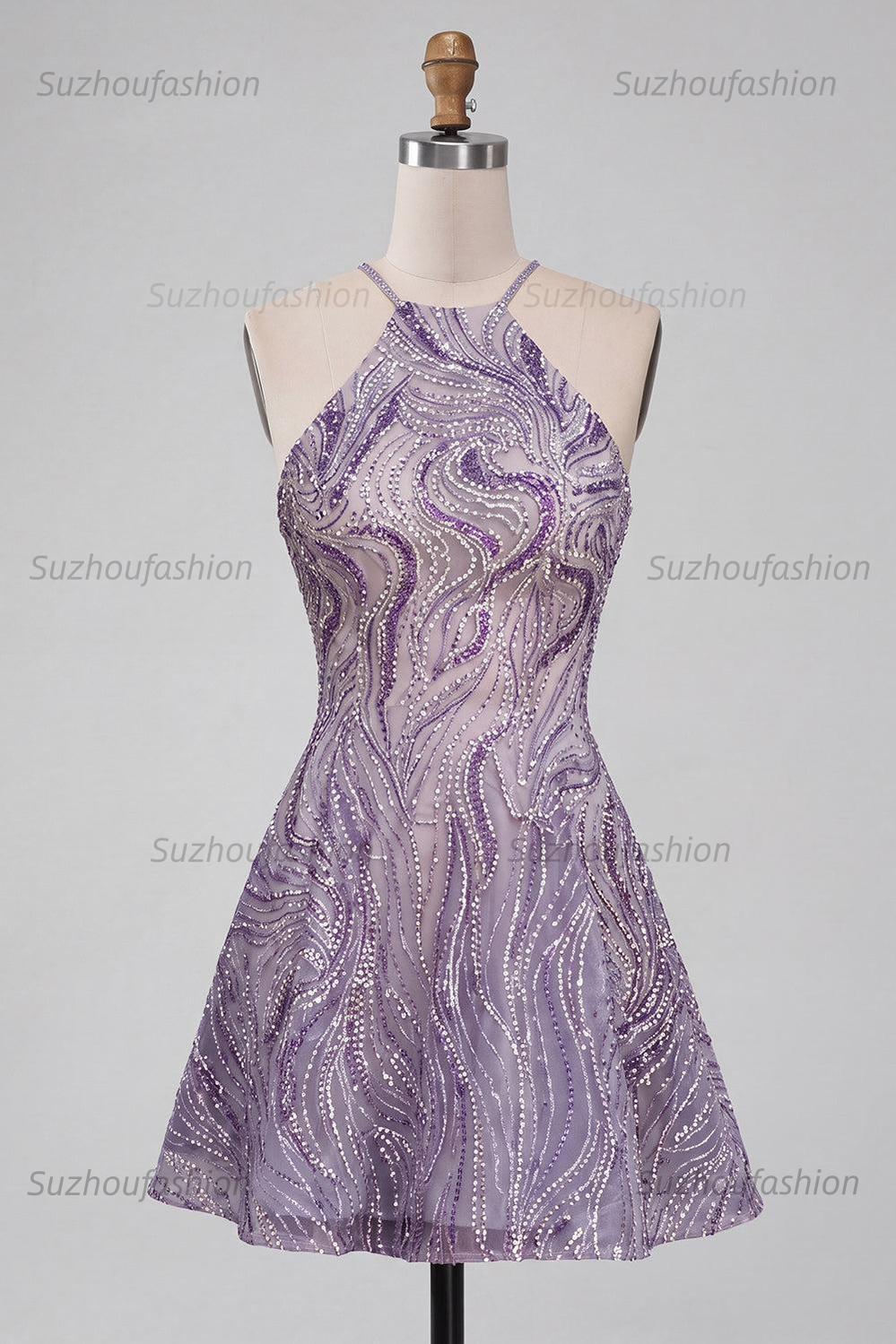 Suzhoufashion Lilac Halter Beaded A-Line Short Homecoming Dress