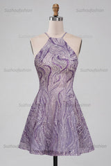 Suzhoufashion Lilac Halter Beaded A-Line Short Homecoming Dress