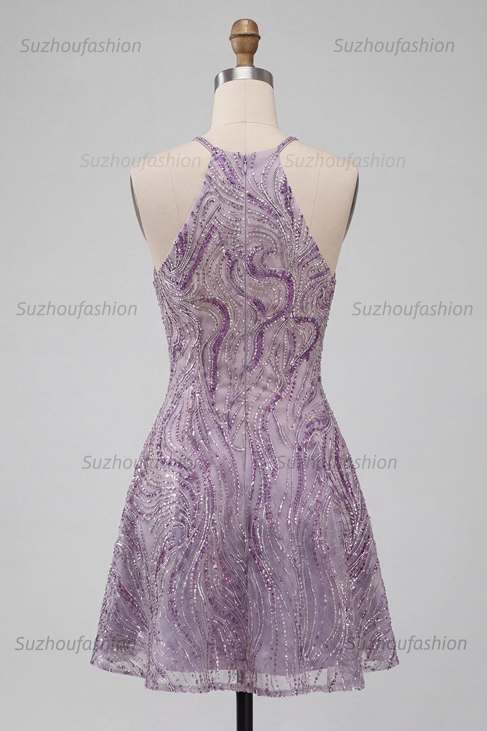 Suzhoufashion Lilac Halter Beaded A-Line Short Homecoming Dress
