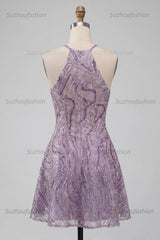 Suzhoufashion Lilac Halter Beaded A-Line Short Homecoming Dress
