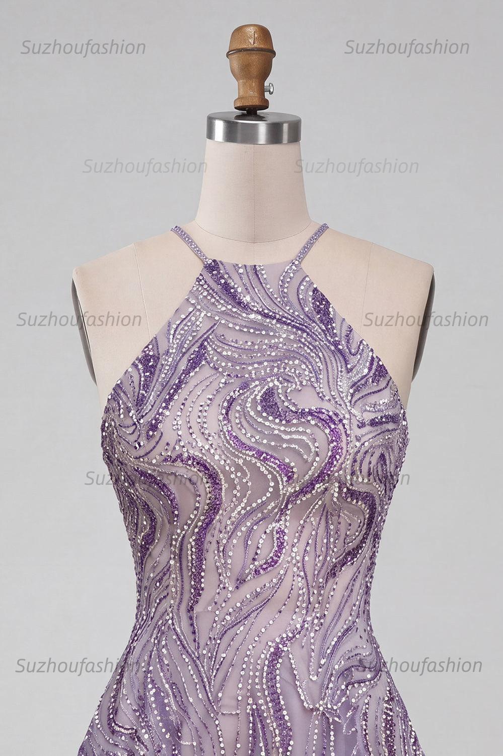 Suzhoufashion Lilac Halter Beaded A-Line Short Homecoming Dress