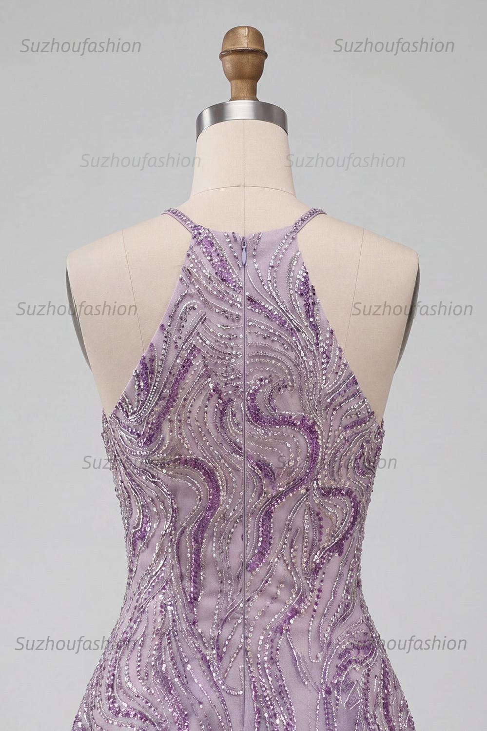 Suzhoufashion Lilac Halter Beaded A-Line Short Homecoming Dress