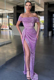 Suzhoufashion Lilac Off-the-Shoulder Sequins Evening Prom Dresses Long With Slit