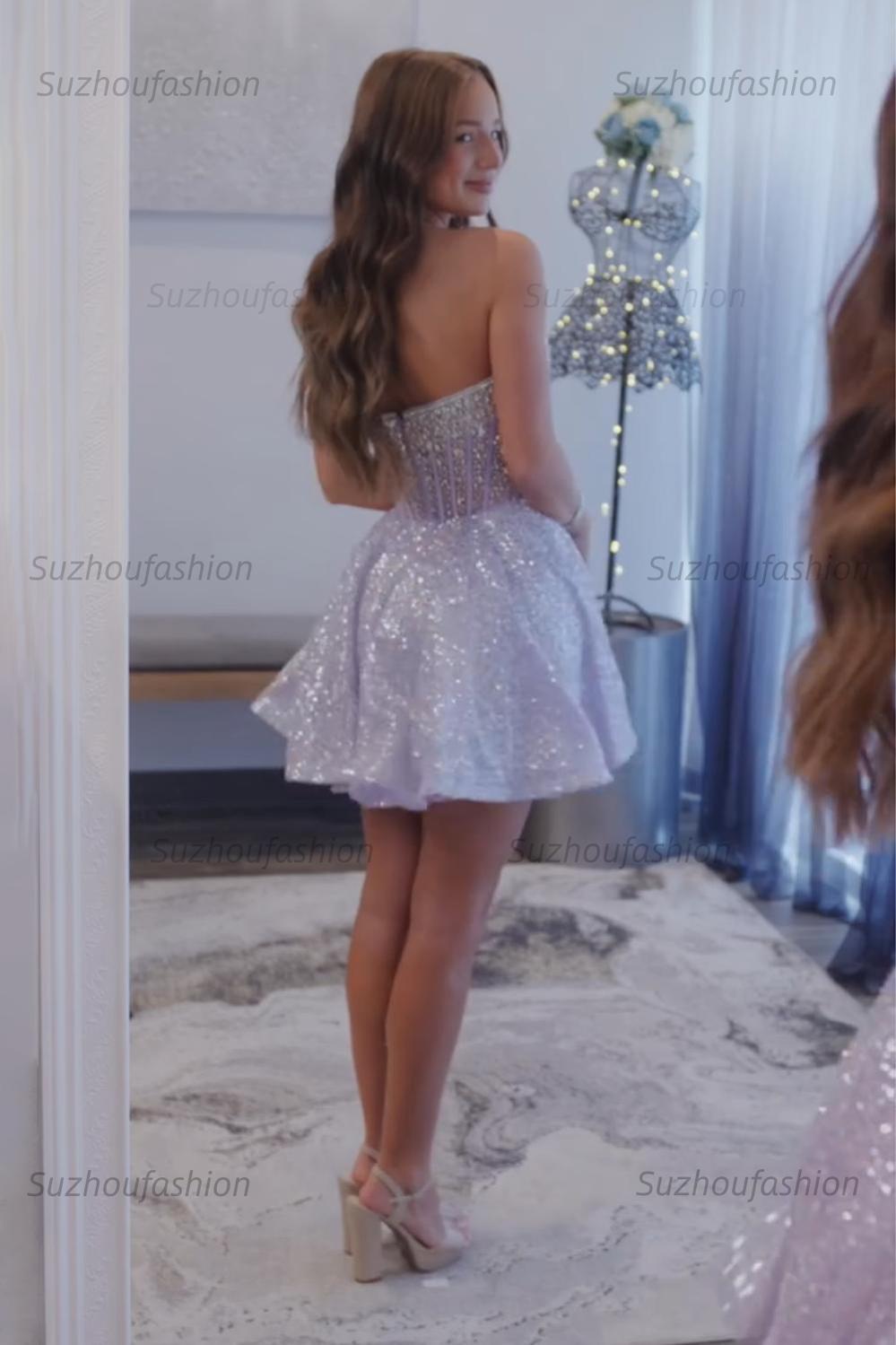 Suzhoufashion Lilac Sequin Strapless A-Line Corset Short Homecoming Dress with Beading