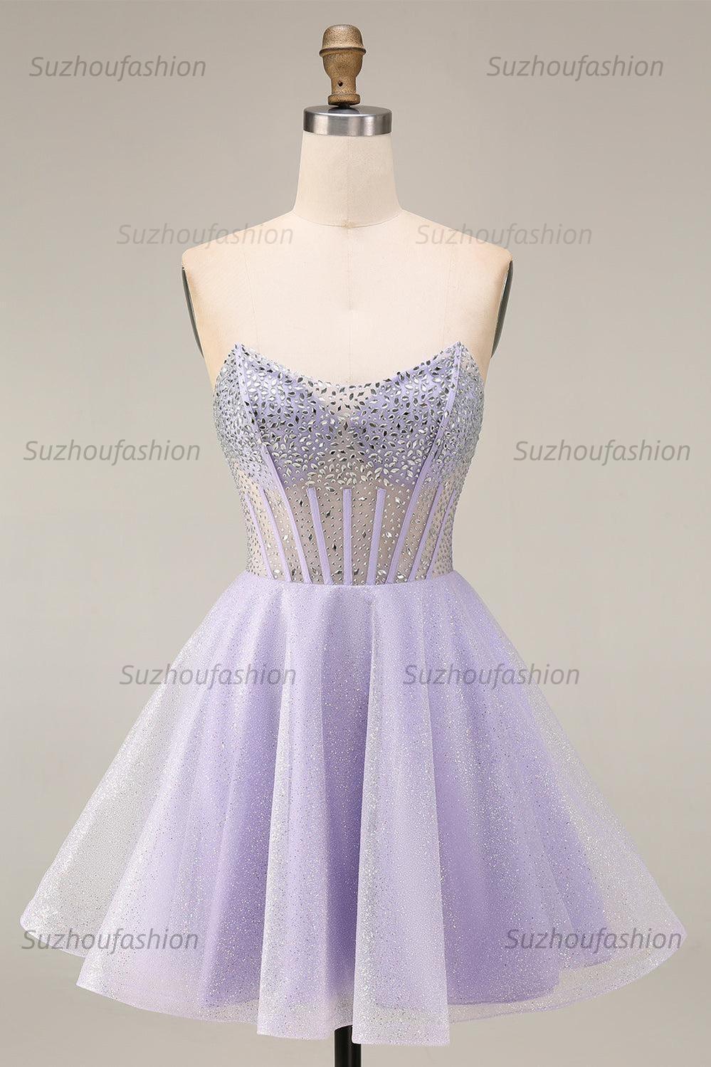 Suzhoufashion Lilac Sequin Strapless A-Line Corset Short Homecoming Dress with Beading