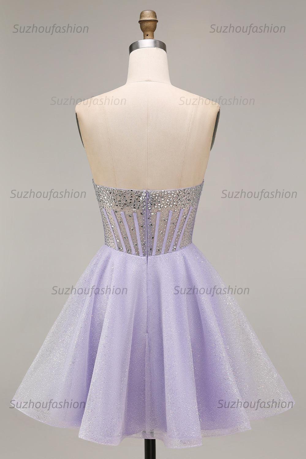 Suzhoufashion Lilac Sequin Strapless A-Line Corset Short Homecoming Dress with Beading